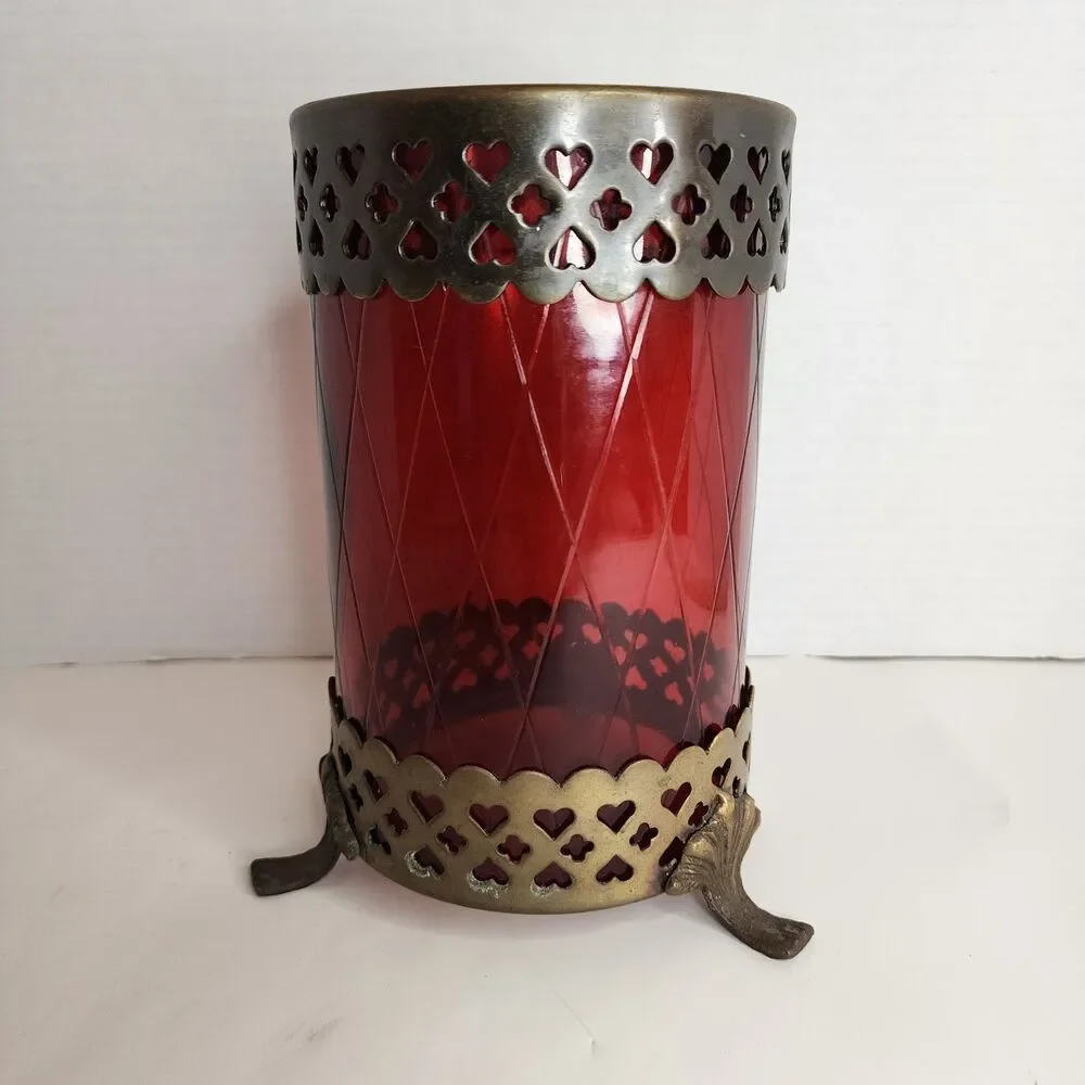 Vintage Bohemian Footed Ruby Red Diamond Cut w/Brass  Trim 7